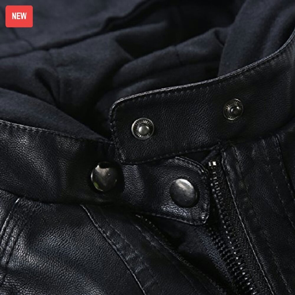 Women's Faux Leather Moto Jacket with Hood, Slim Fit, Detachable Hood - Picture 3 of 8